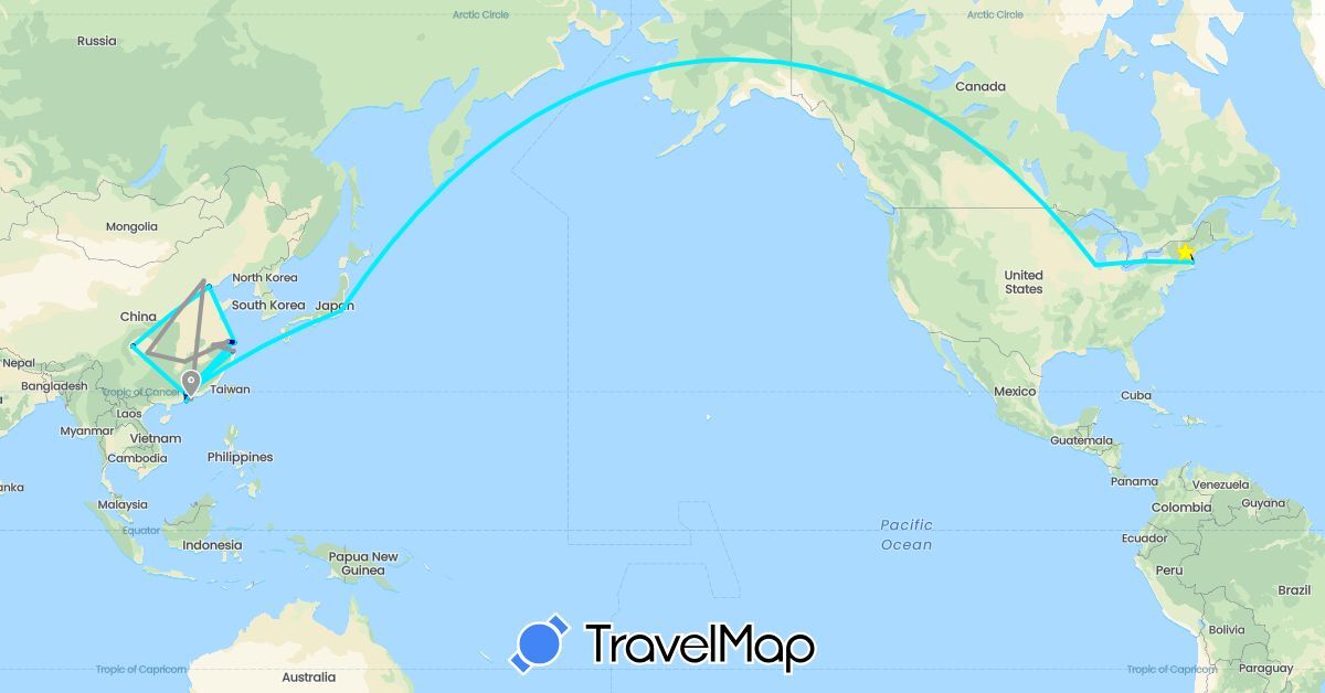 TravelMap itinerary: driving, plane, plane in China, Japan, United States (Asia, North America)